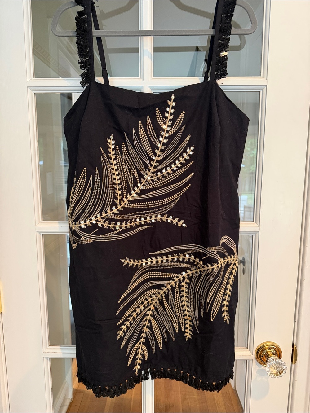 Anthropologie Black Mini Dress with Gold Leaf Motif